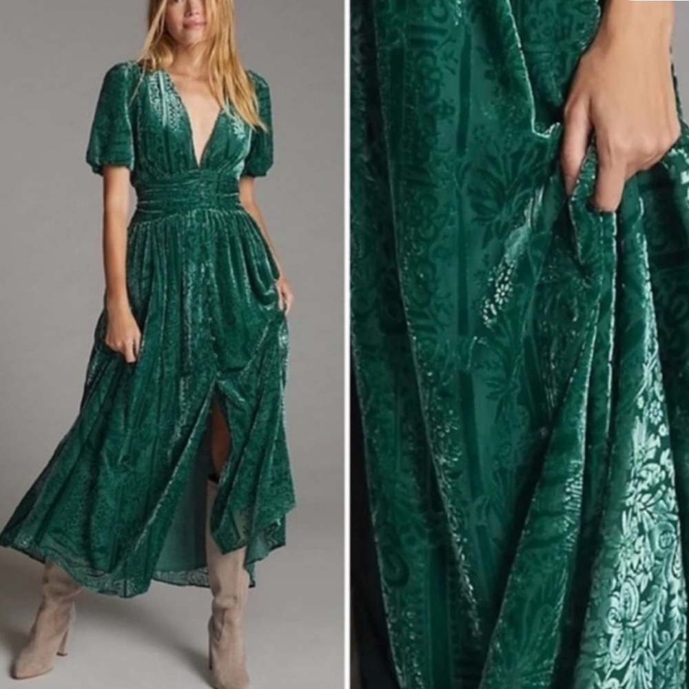 Anthropologie Green Velvet Maxi Dress